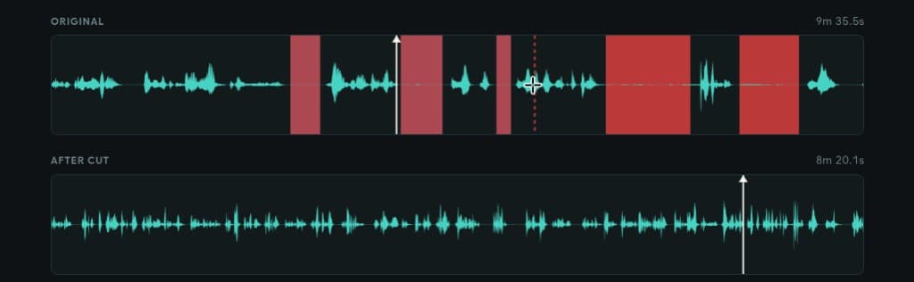 Original and after-cut waveforms with manual anchor and cut markers on the original track