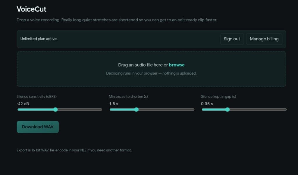 VoiceCut upload area with silence detection sliders